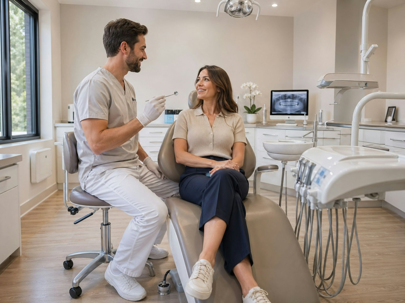 Dentist talking with a patient in a bright modern clinic